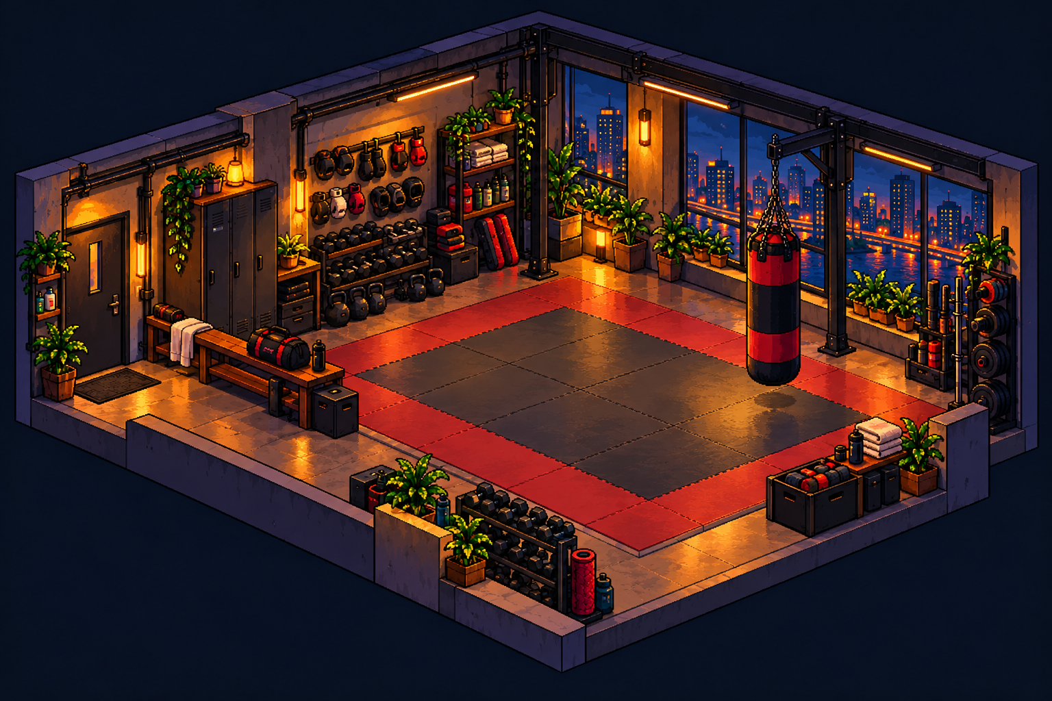 An isometric MMA gym with training mats, a punching bag, weights, and the city lit up at night.
