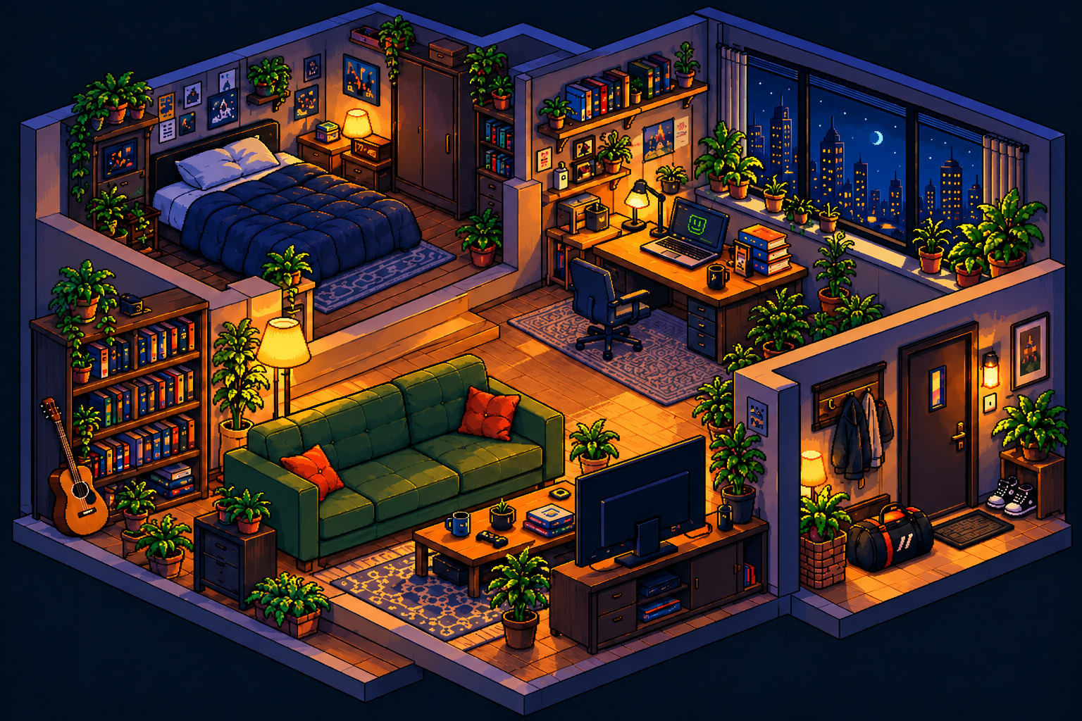 An isometric pixel apartment with a bedroom, study desk, green sofa, books, plants and a view of Navi Mumbai.